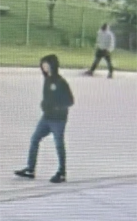 Two figures walking on pavement.