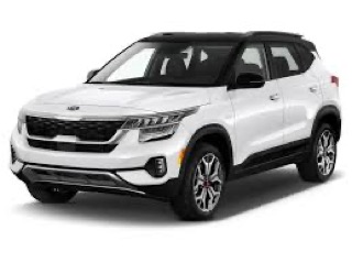 White Kia Seltos SUV, front view