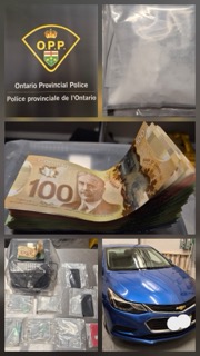 Ontario Provincial Police logo. Stacks of Canadian twenty-dollar bills. Blue Chevrolet car.