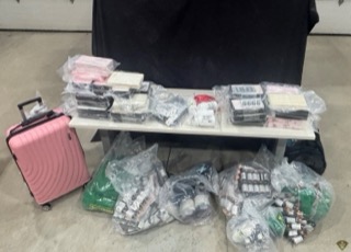 Pink suitcase, packages wrapped in plastic, documents.
