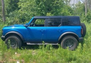 Blue Ford Bronco parked in tall grass.