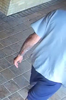 Person wearing a light blue t-shirt and dark pants, arm with tattoos visible