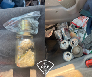 Jar filled with a leafy green substance, assorted canned beverages, gloves, and a package of cigarettes