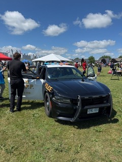 Police cruiser on grassy field, officer standing nearby